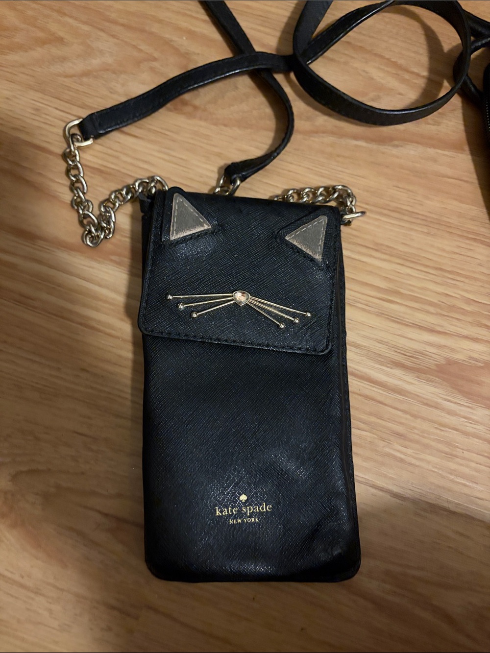 kate spade Black Cat-Ear Crossbody Phone Pouch with Gold Accents